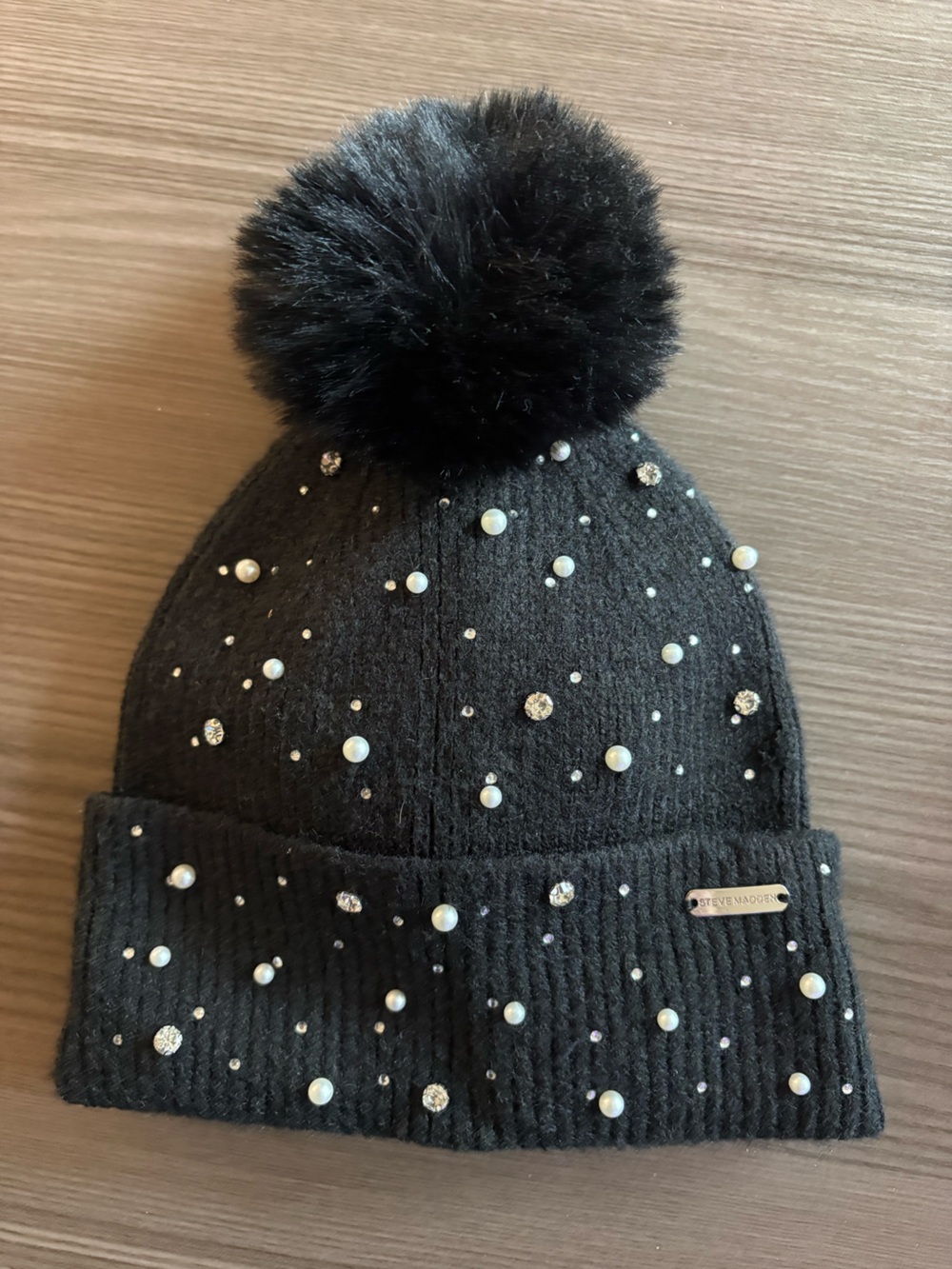 Steve Madden Black Beanie with Faux Fur Pom and Pearl & Rhinestone Accents